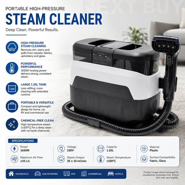 Portable High-Pressure Steam Cleaner for Carpets, Upholstery, Glass and Vehicle Interiors