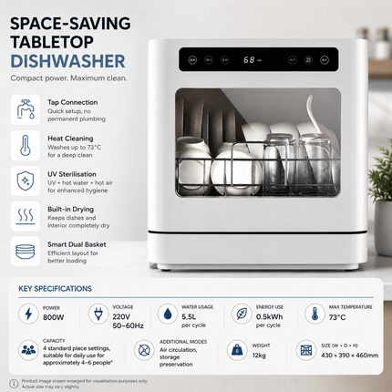 Space-Saving Tabletop Dishwasher with UV Sterilization & Tap Connection