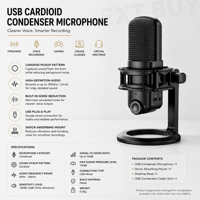 USB Cardioid Condenser Microphone with Noise Reduction for Streaming, Voice Recording & Gaming