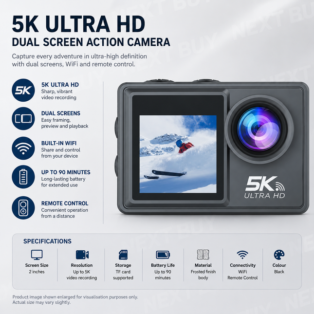 5K Ultra HD Dual Screen Action Camera with WiFi & Remote Control