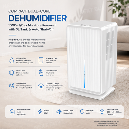 Compact Dual-Core Household Dehumidifier 1000ml/Day with 3L Tank & Auto Shut-Off
