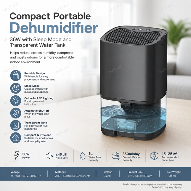 Compact Portable Dehumidifier 36W with Sleep Mode and Transparent Water Tank