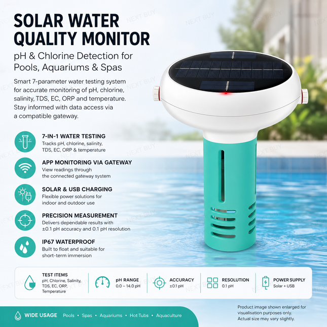 WiFi-Enabled Solar Water Quality Monitor with pH & Chlorine Detection for Pools, Aquariums and Spas