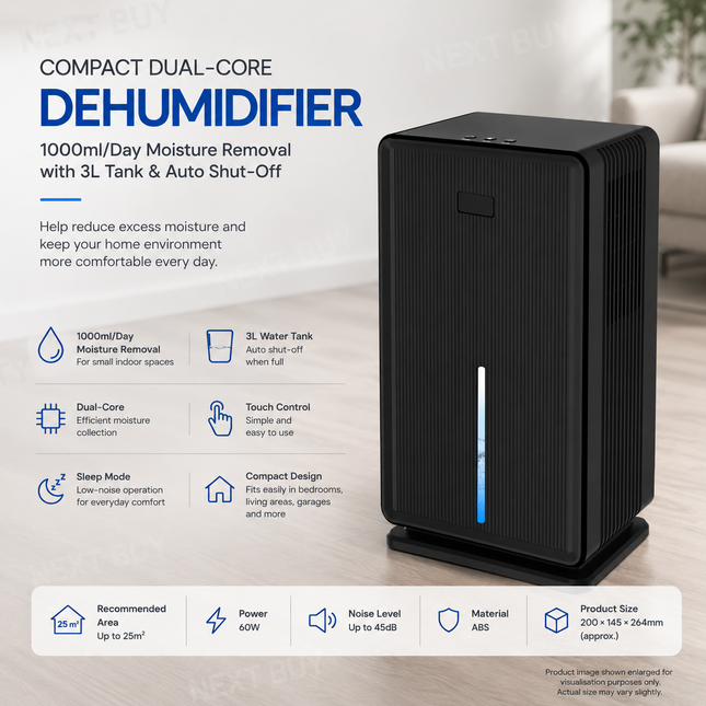 Compact Dual-Core Household Dehumidifier 1000ml/Day with 3L Tank & Auto Shut-Off