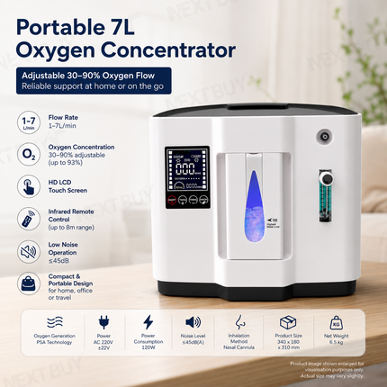 Portable 7L Oxygen Concentrator with HD Touch Screen, Adjustable 30–90% Oxygen Flow for Home and Travel