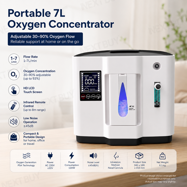 Portable 7L Oxygen Concentrator with HD Touch Screen, Adjustable 30–90% Oxygen Flow for Home and Travel