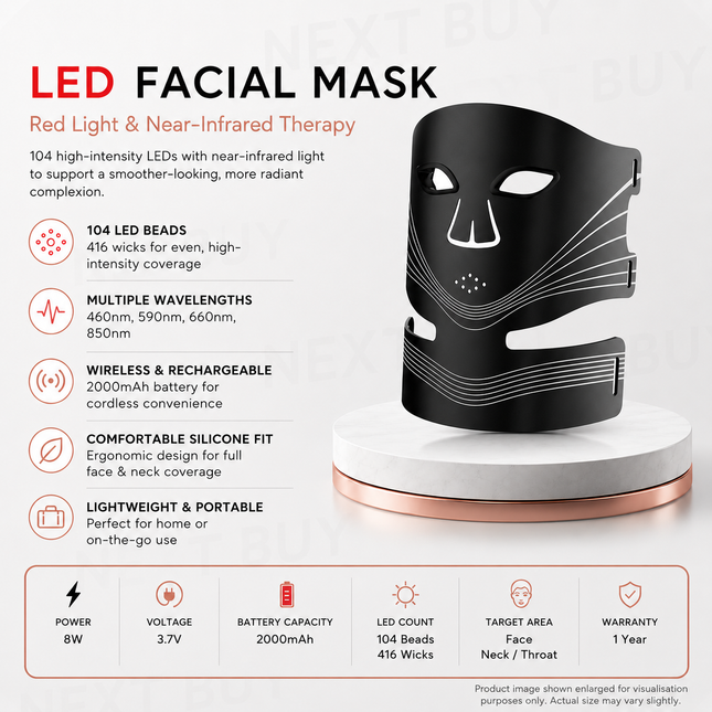 Red Light & Near-Infrared LED Facial Mask – 104 LEDs for Face & Neck Rejuvenation, Wireless Silicone Design