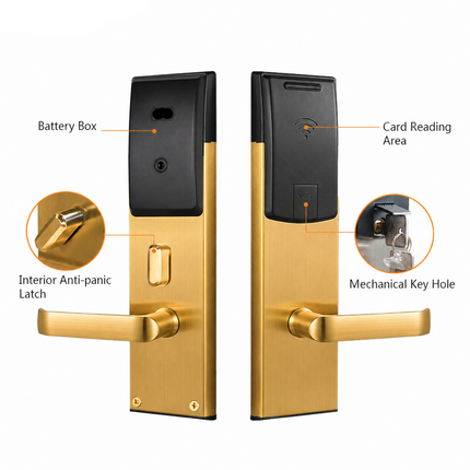 RFID Hotel Door Lock with Mechanical Key for 36-100mm Doors, Brushed Stainless Steel, Gold