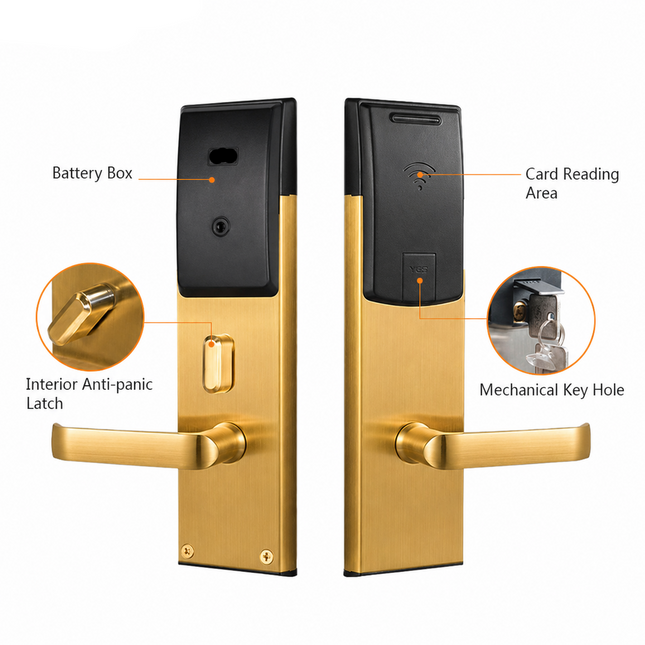 RFID Hotel Door Lock with Mechanical Key for 36-100mm Doors, Brushed Stainless Steel, Gold