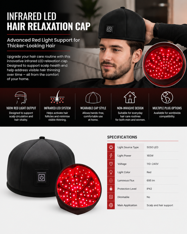 Infrared LED Hair Relaxation Cap – Red Light Support for Fuller-Looking Hair