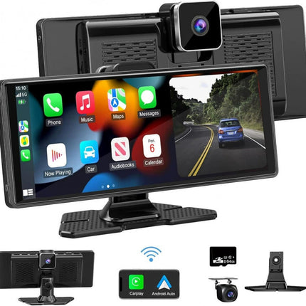 9-Inch Smart Car Display with Wireless CarPlay, Front & Rear Cameras, and Reverse Support