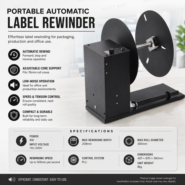 Portable Automatic Label Rewinder 300mm Roll Capacity Speed Control Low Noise Black
