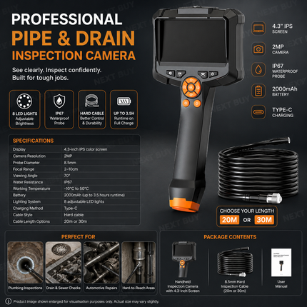 Professional Pipe & Drain Inspection Camera with 4.3” Display, 2MP Lens, 8.5mm Waterproof Probe & LED Illumination