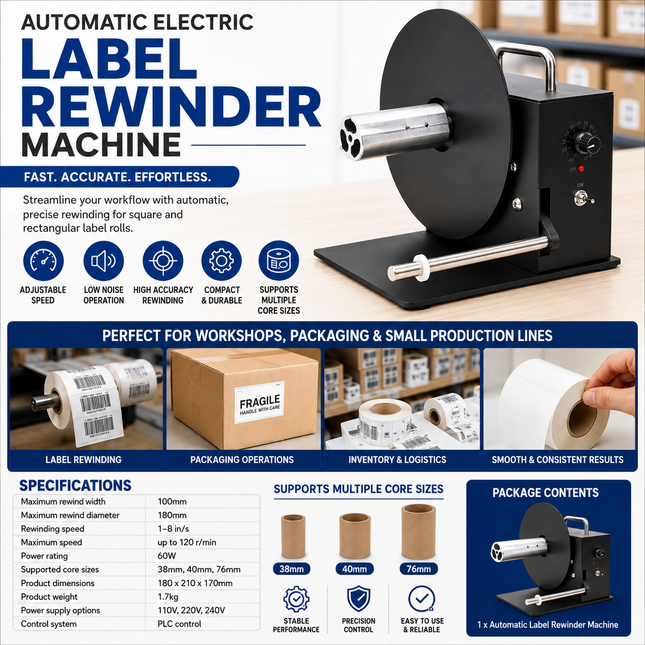 Automatic Electric Label Rewinder Machine Adjustable Speed Compact Design Black