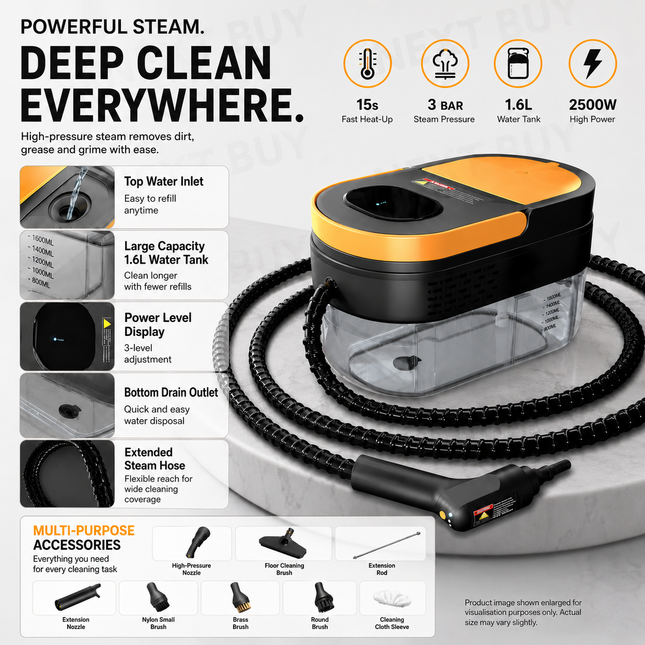 2500W High-Pressure Steam Cleaner with 3-Level Adjustable Handle for Home & Car
