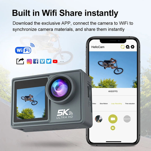 5K Ultra HD Dual Screen Action Camera with WiFi & Remote Control