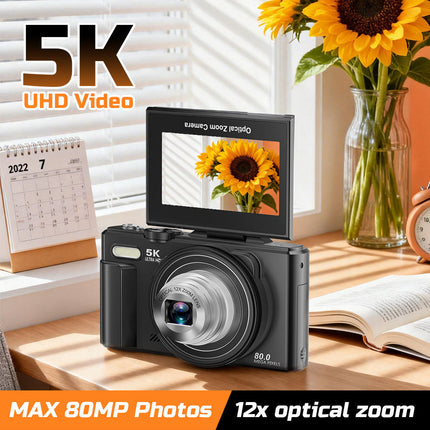 5K Digital Camera with 80MP HD Resolution, 12X Optical Zoom, Autofocus and WiFi