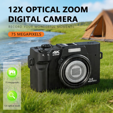 4K Digital Camera with 75MP Photos, 12x Optical Zoom, WiFi & 3.0" HD Display