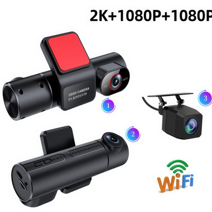 Triple Camera WiFi Car Dash Recorder with 2K Front and Dual 1080p Views Black