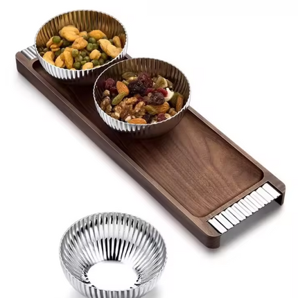 Luxury 304 Stainless Steel Fruit and Snack Bowl Set with Walnut Wood Tray – 3-Piece Tabletop Serving Set
