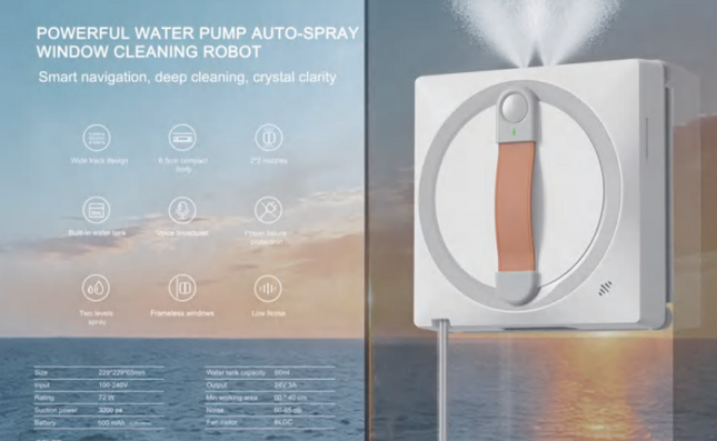 Cordless Window Vacuum Cleaner with Auto Water Spray and Intelligent Navigation