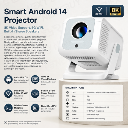 Smart Android 14 Projector | 8K Video Support, 5G WiFi, Built-In Stereo Speakers