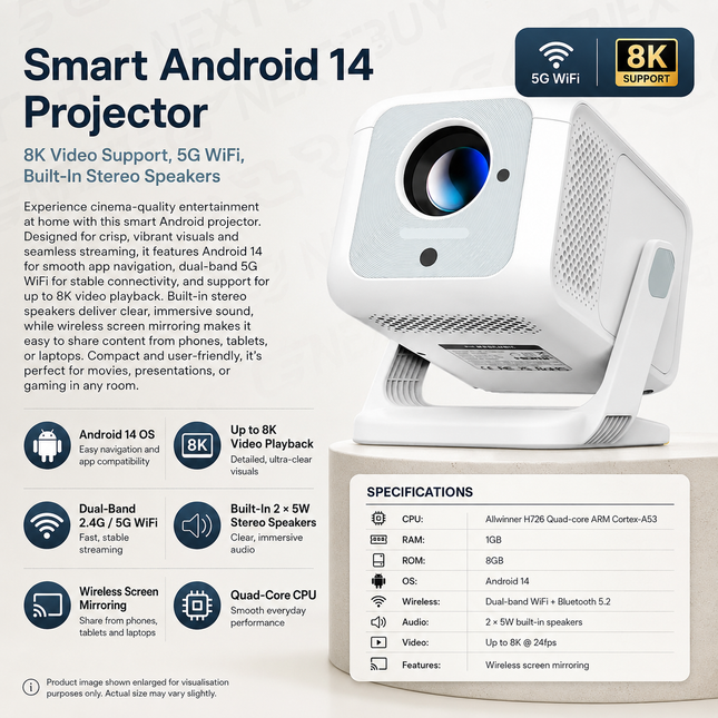 Smart Android 14 Projector | 8K Video Support, 5G WiFi, Built-In Stereo Speakers