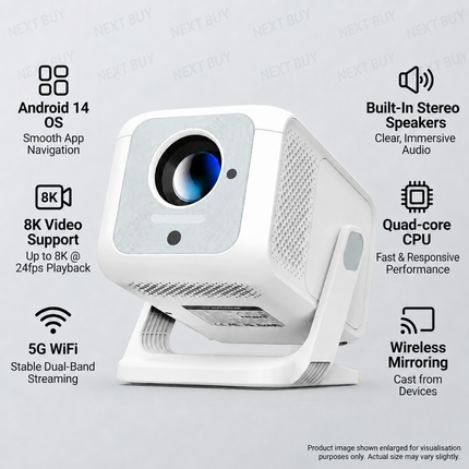 Smart Android 14 Projector | 8K Video Support, 5G WiFi, Built-In Stereo Speakers
