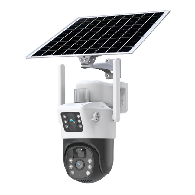 Solar-Powered Outdoor Surveillance Camera with Dual View, Pan-Tilt Control & Two-Way Talk