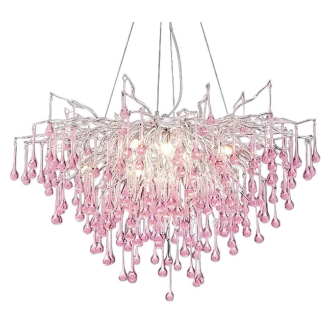 Modern Pink Water-Drop Branch Chandelier Ceiling Light for Hall & Living Room