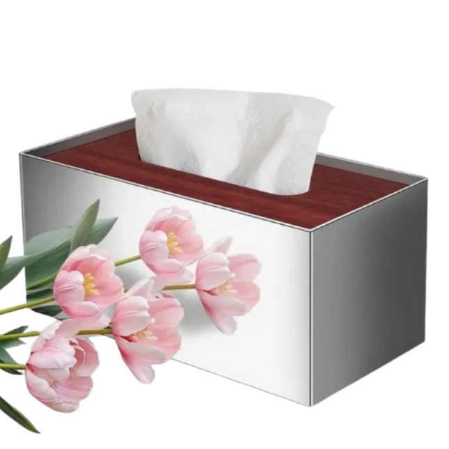Rectangular Stainless Steel Tissue Box with Wooden Lid & Anti-Slip Base – Modern Home Accessory