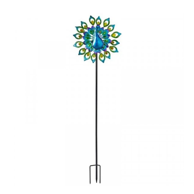 Metal Peacock Wind Spinner with Multi-Colour Rotating Blades and Solar Lights – 200cm Garden Decoration