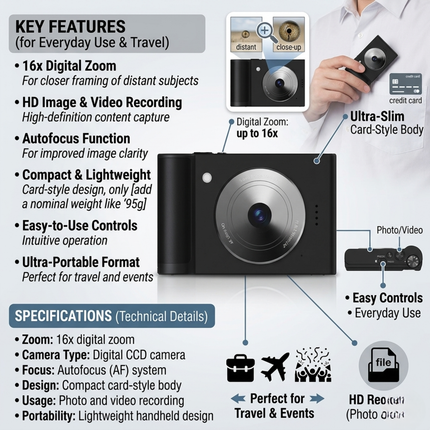Portable 16x Zoom HD Digital Camera with Autofocus for Photo and Video Capture