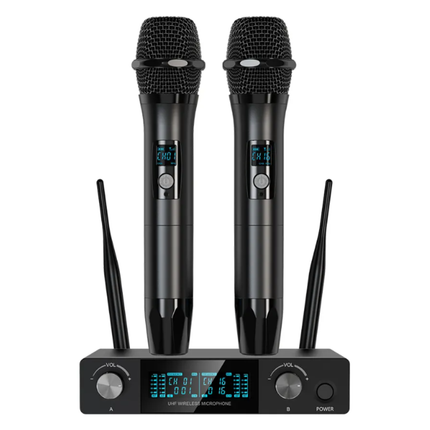 Dual UHF Wireless Handheld Microphones with Receiver, Cardioid Pattern, Up to 60m Operating Range
