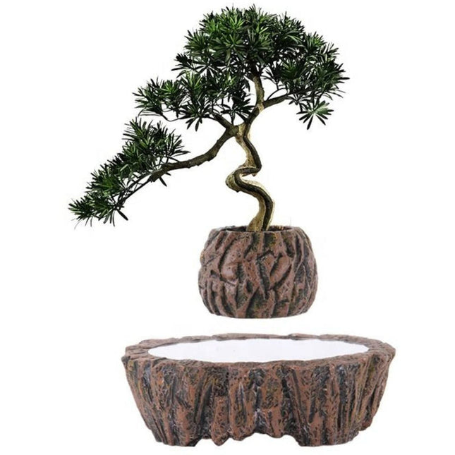 Floating Resin Bonsai Planter with Rotating Magnetic Base – Modern Levitating Flower Pot for Home and Office