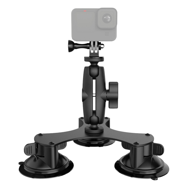 Triple Suction Cup Camera Mount with 360° Dual Ball Head for Action Cameras and DSLR – Heavy Duty Windshield & Glass Mount Black