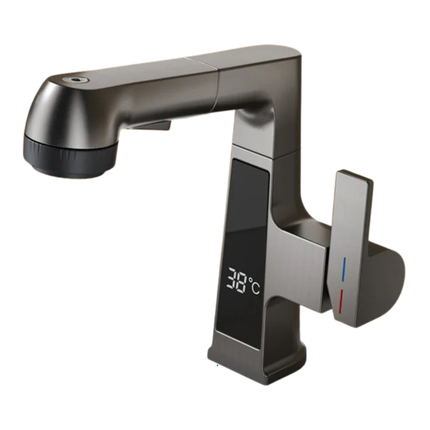 LED Temperature Display Pull Out Basin Faucet 5 Mode Spray 360° Rotating Hot and Cold Mixer