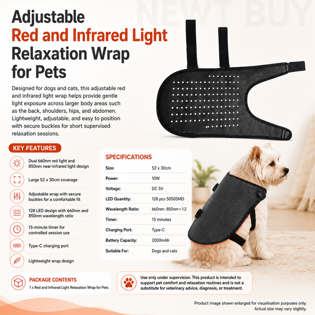 Adjustable Red and Infrared Light Relaxation Wrap for Pets 52 x 30cm