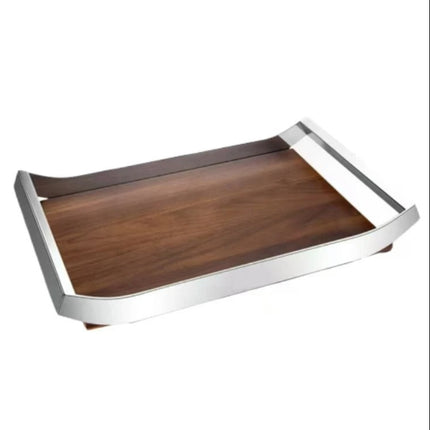 Walnut Wood Serving Tray with Mirror Finish Stainless Steel Holder for Kitchen, Hotel and Home Use