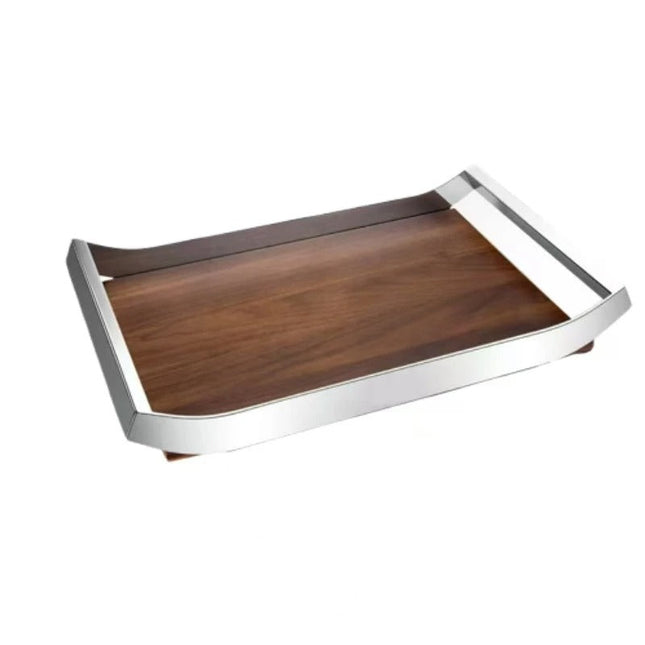 Walnut Serving Tray with Stainless Steel Holder – Large Kitchen, Hotel, and Home Decor Tray