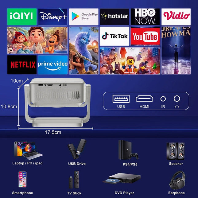 Compact 720P HD Smart Projector with Android 11, WiFi & Bluetooth – White