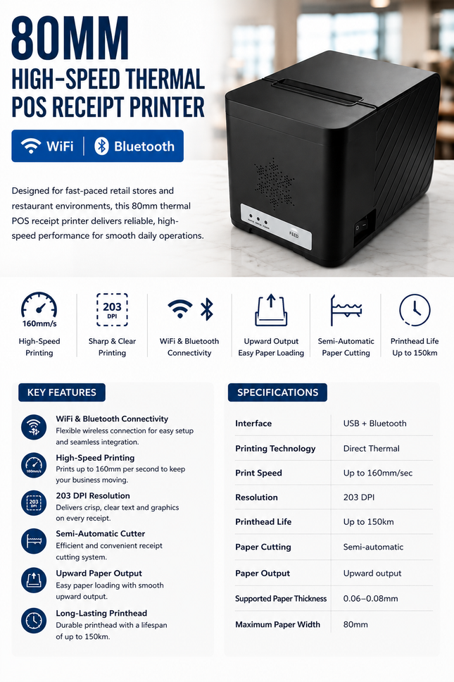80mm High-Speed Thermal POS Receipt Printer with WiFi & Bluetooth Connectivity