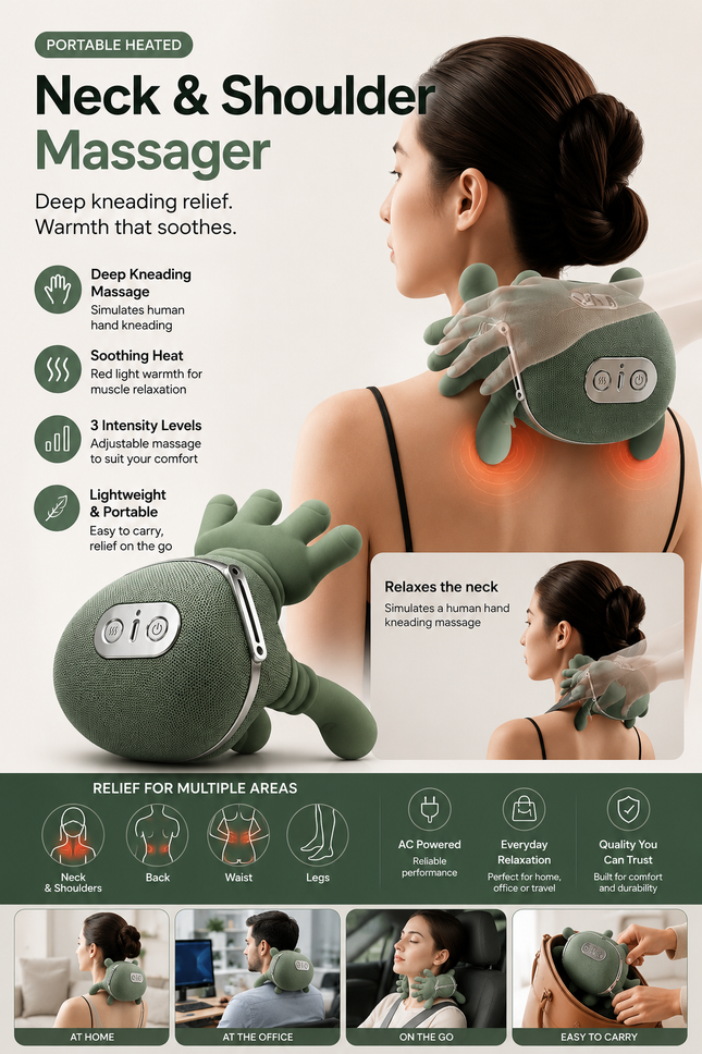 Portable Heated Neck & Shoulder Massager with Adjustable Kneading Modes – Green
