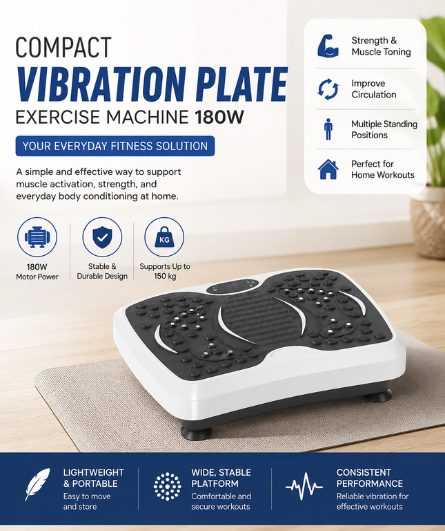 Compact Vibration Plate Exercise Machine 180W | Home Fitness Platform for Strength & Muscle Toning