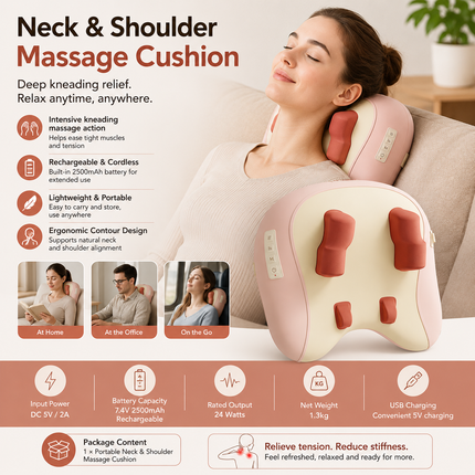 Cordless Neck & Shoulder Massage Cushion with Rechargeable 2500mAh Battery, 5V Portable Deep Muscle Relaxer