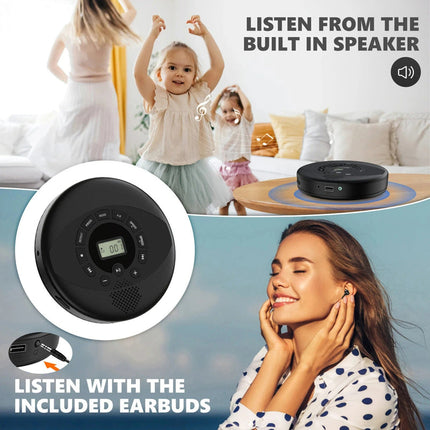 Portable Rechargeable CD Player with Built-In Speaker, USB & AUX Input, LCD Display, 1500mAh Battery