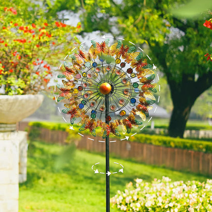 Butterfly & Leaf Metal Windmill Garden Stake Large Outdoor Kinetic Yard Decoration