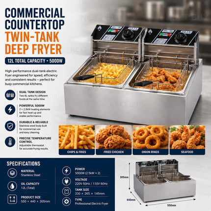 Commercial Countertop Twin-Tank Deep Fryer (12L Total) – 5000W Stainless Steel Electric Frying Station