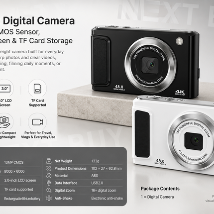Compact Digital Camera with 13MP CMOS Sensor, 3.0” LCD Screen & TF Card Storage