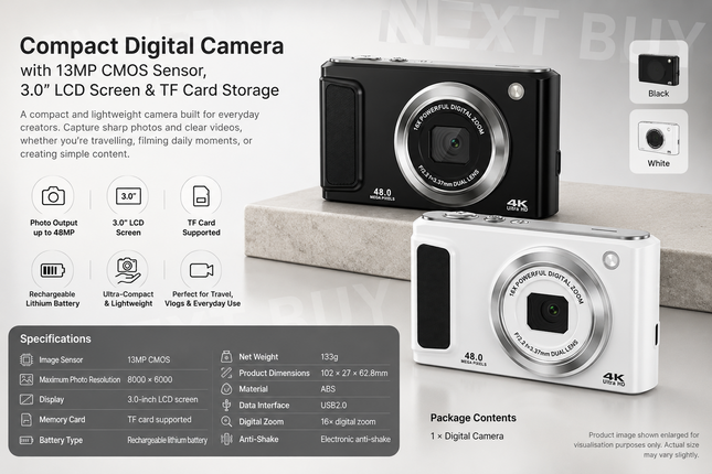 Compact Digital Camera with 13MP CMOS Sensor, 3.0” LCD Screen & TF Card Storage